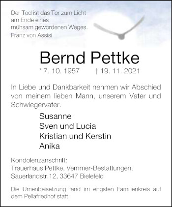Traueranzeige von Bernd Pettke von Neue Westfälische