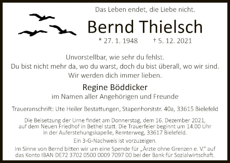  Traueranzeige für Bernd Thielsch vom 11.12.2021 aus Neue Westfälische
