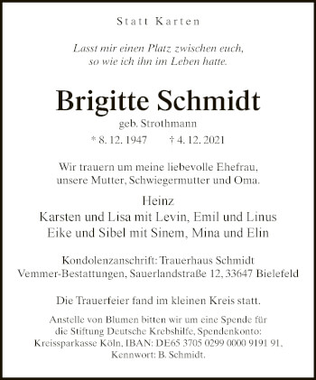 Traueranzeige von Brigitte Schmidt von Neue Westfälische