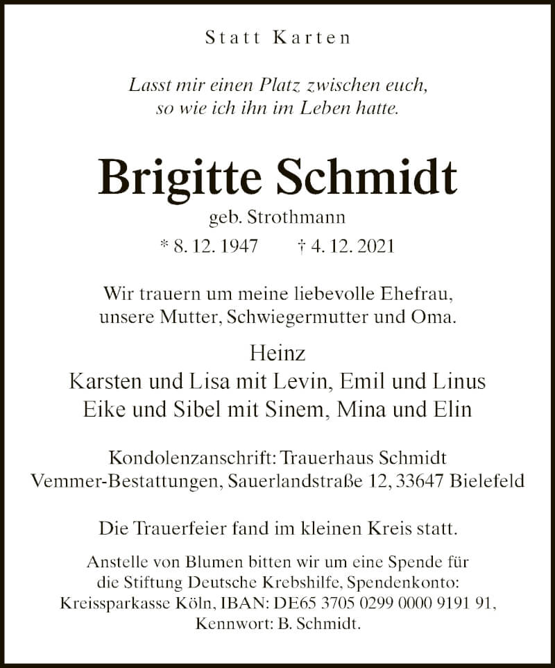  Traueranzeige für Brigitte Schmidt vom 11.12.2021 aus Neue Westfälische