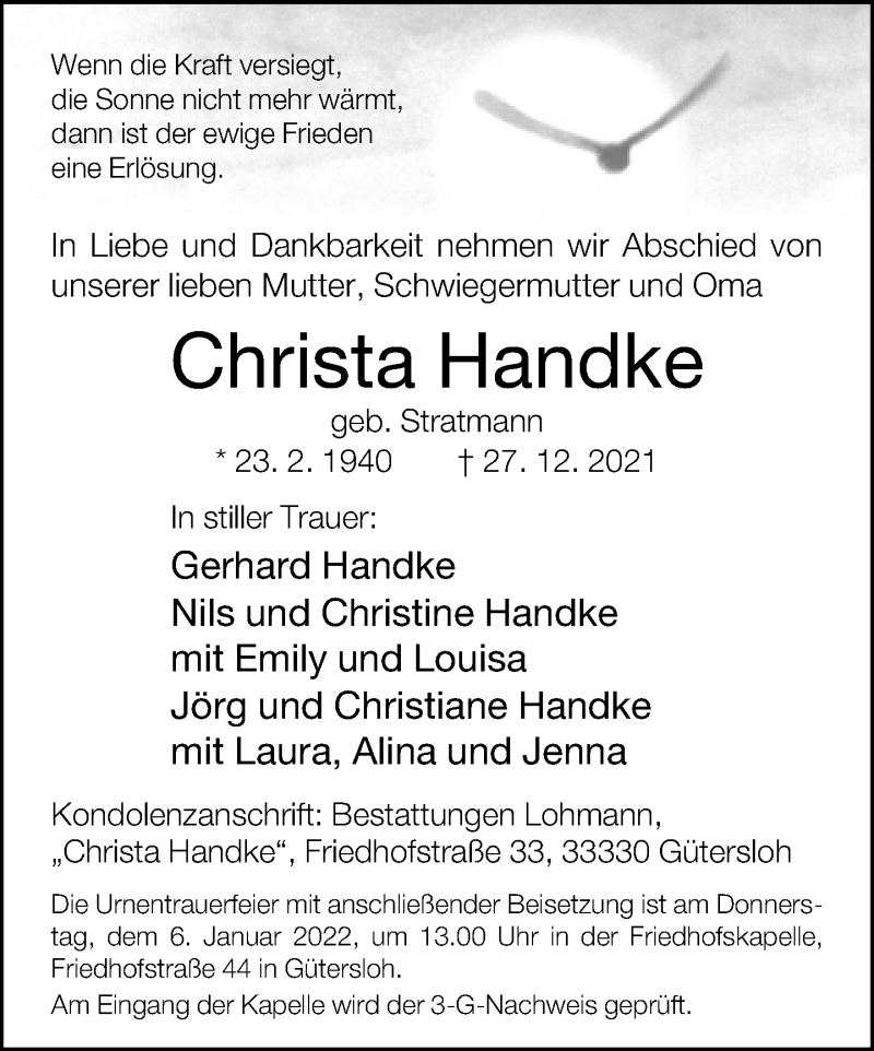  Traueranzeige für Christa Handke vom 31.12.2021 aus Neue Westfälische