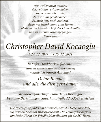 Traueranzeige von Christopher David Kocaoglu von Neue Westfälische