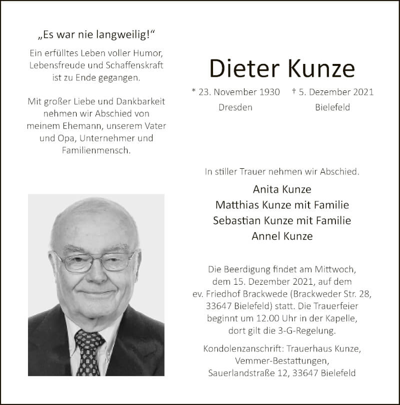  Traueranzeige für Dieter Kunze vom 11.12.2021 aus Neue Westfälische