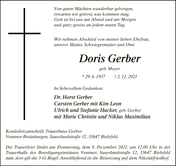 Traueranzeige von Doris Gerber von Neue Westfälische
