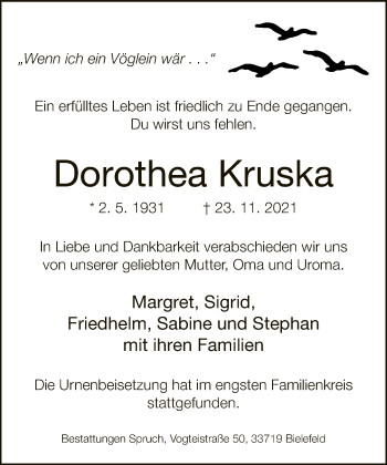 Traueranzeige von Dorothea Kruska von Neue Westfälische