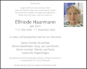 Traueranzeige von Elfriede Haarmann von Neue Westfälische