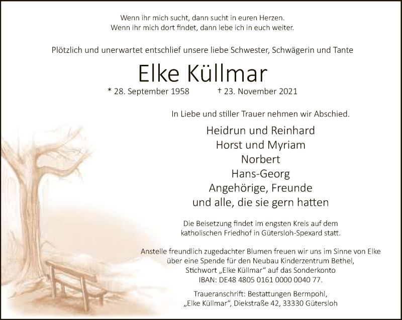  Traueranzeige für Elke Küllmar vom 01.12.2021 aus Neue Westfälische