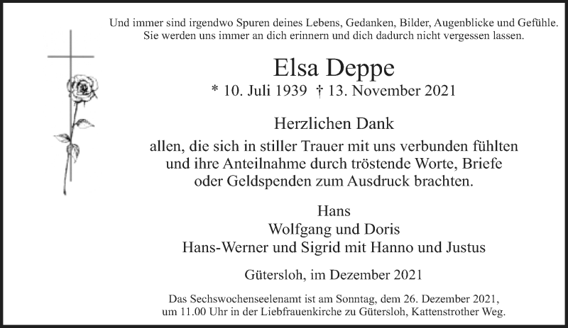  Traueranzeige für Elsa Deppe vom 18.12.2021 aus Neue Westfälische