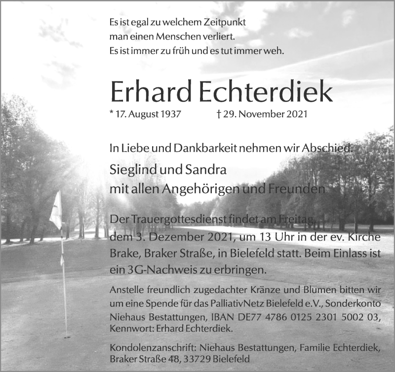  Traueranzeige für Erhard Echterdiek vom 01.12.2021 aus Neue Westfälische