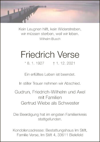 Traueranzeige von Friedrich Verse von Neue Westfälische