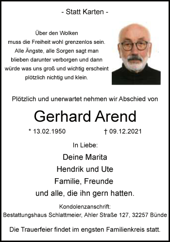 Traueranzeige von Gerhard Arend von Neue Westfälische