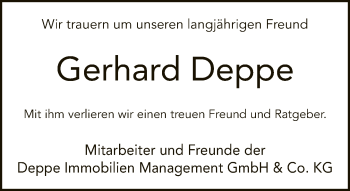 Traueranzeige von Gerhard Deppe von Neue Westfälische