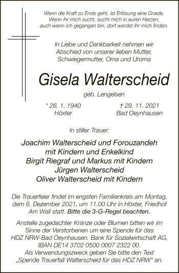 Traueranzeige von Gisela Walterscheid von Neue Westfälische