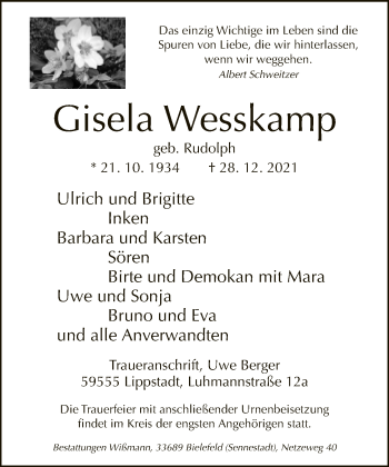 Traueranzeige von Gisela Wesskamp von Neue Westfälische
