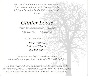 Traueranzeige von Günter Loose von Neue Westfälische