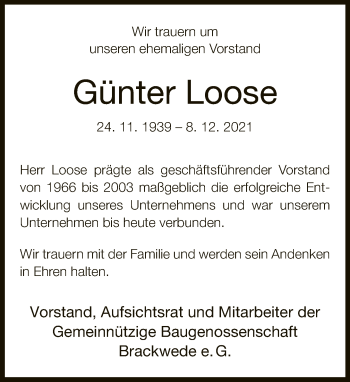 Traueranzeige von Günter Loose von Neue Westfälische