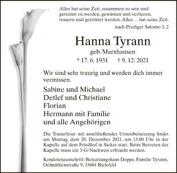 Traueranzeige von Hanna Tyrann von Neue Westfälische
