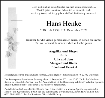 Traueranzeige von Hans Henke von Neue Westfälische