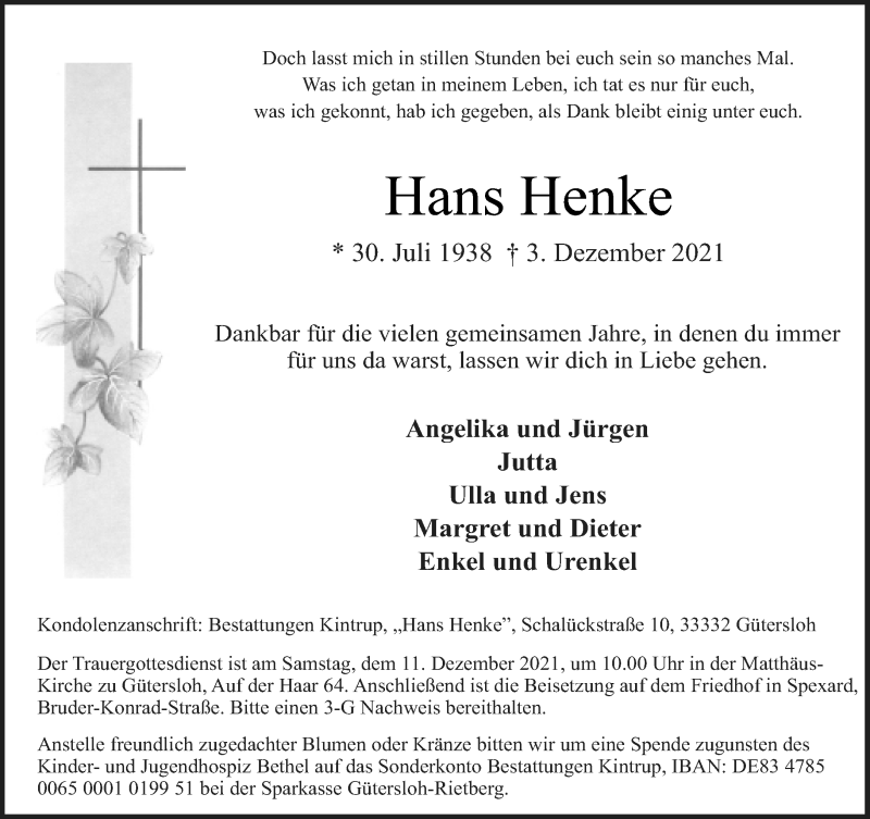  Traueranzeige für Hans Henke vom 07.12.2021 aus Neue Westfälische