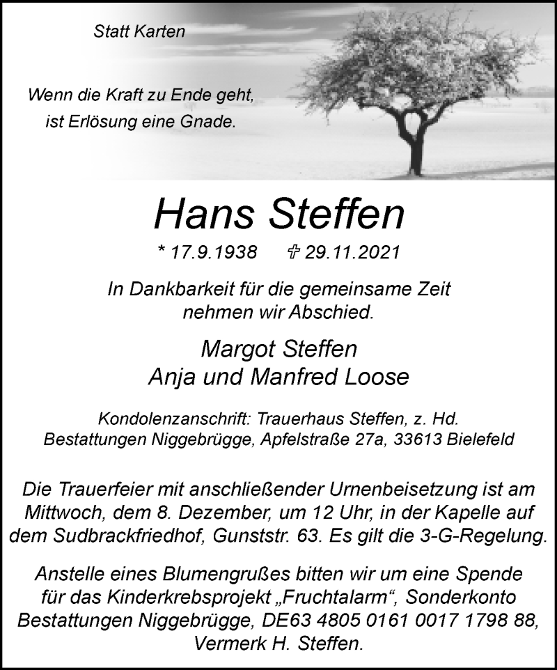  Traueranzeige für Hans Steffen vom 04.12.2021 aus Neue Westfälische