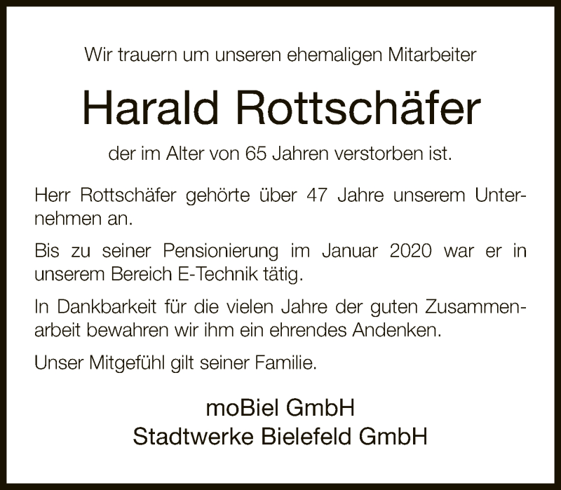  Traueranzeige für Harald Rottschäfer vom 10.12.2021 aus Neue Westfälische