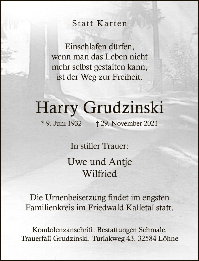  Traueranzeige für Harry Grudzinski vom 04.12.2021 aus Neue Westfälische