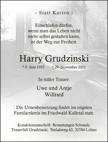 Traueranzeige von Harry Grudzinski von Neue Westfälische