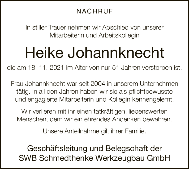  Traueranzeige für Heike Johannknecht vom 04.12.2021 aus Neue Westfälische