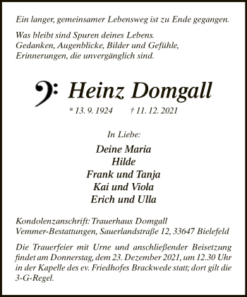 Traueranzeige von Heinz Domgall von Neue Westfälische