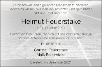 Traueranzeige von Helmut Feuerstake von Neue Westfälische