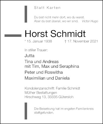 Traueranzeige von Horst Schmidt von Neue Westfälische