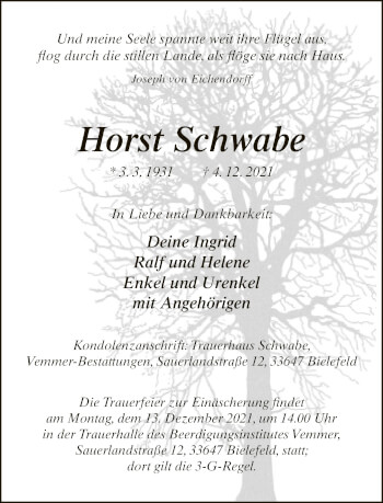 Traueranzeige von Horst Schwabe von Neue Westfälische
