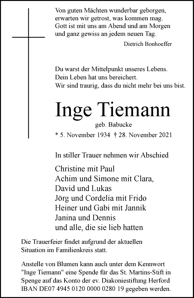  Traueranzeige für Inge Tiemann vom 02.12.2021 aus Neue Westfälische