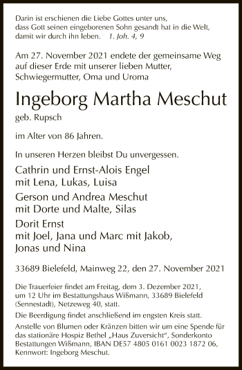 Traueranzeige von Ingeborg Martha Meschut von Neue Westfälische
