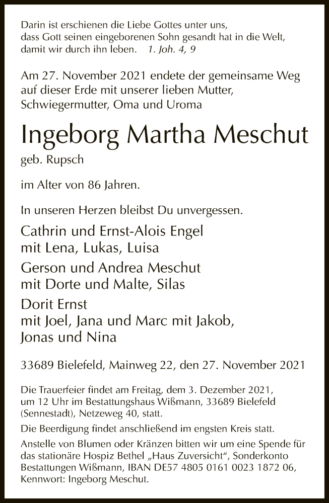 Traueranzeige für Ingeborg Martha Meschut vom 01.12.2021 aus Neue Westfälische