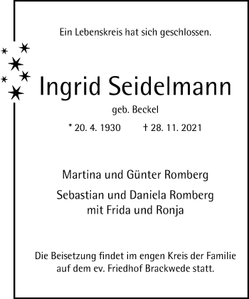 Traueranzeige von Ingrid Seidelmann von Neue Westfälische