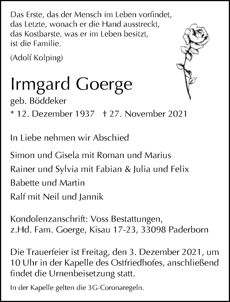  Traueranzeige für Irmgard Goerge vom 01.12.2021 aus Neue Westfälische