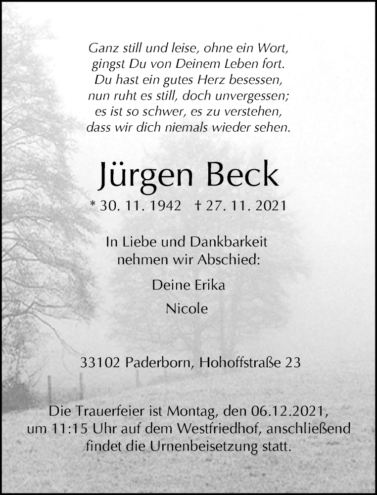  Traueranzeige für Jürgen Beck vom 01.12.2021 aus Neue Westfälische