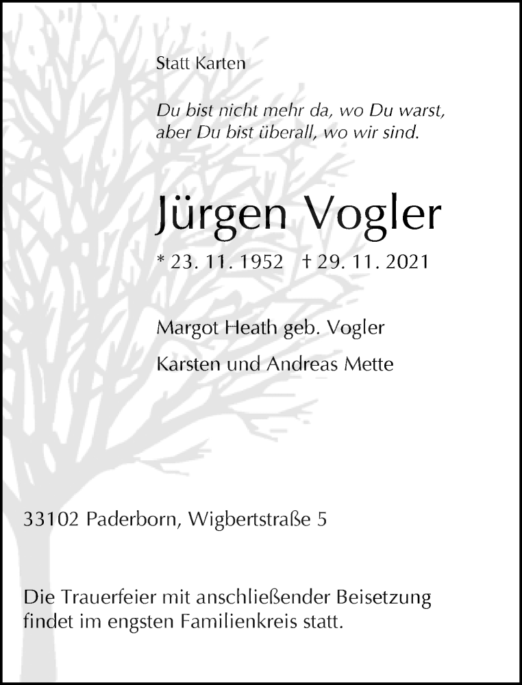  Traueranzeige für Jürgen Vogler vom 04.12.2021 aus Neue Westfälische