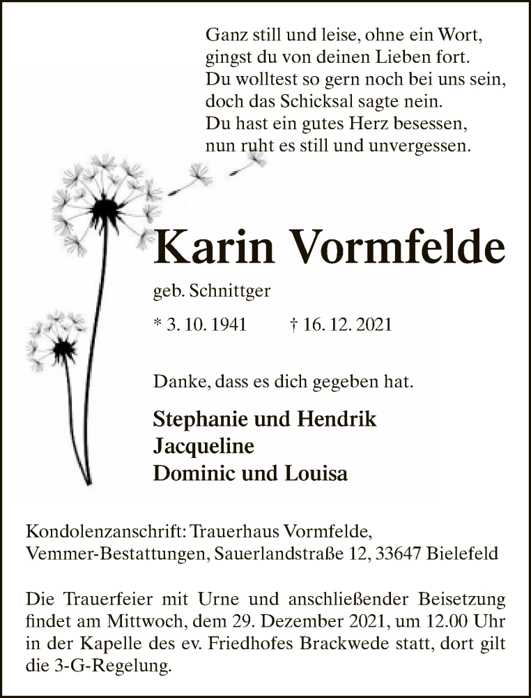  Traueranzeige für Karin Vormfelde vom 18.12.2021 aus Neue Westfälische