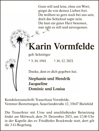 Traueranzeige von Karin Vormfelde von Neue Westfälische