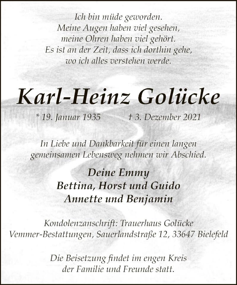  Traueranzeige für Karl-Heinz Golücke vom 11.12.2021 aus Neue Westfälische