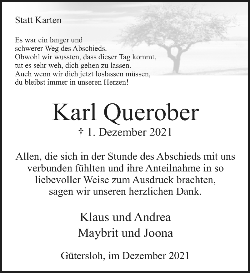  Traueranzeige für Karl Querober vom 23.12.2021 aus Neue Westfälische