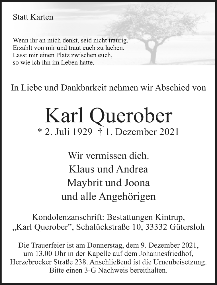  Traueranzeige für Karl Querober vom 04.12.2021 aus Neue Westfälische