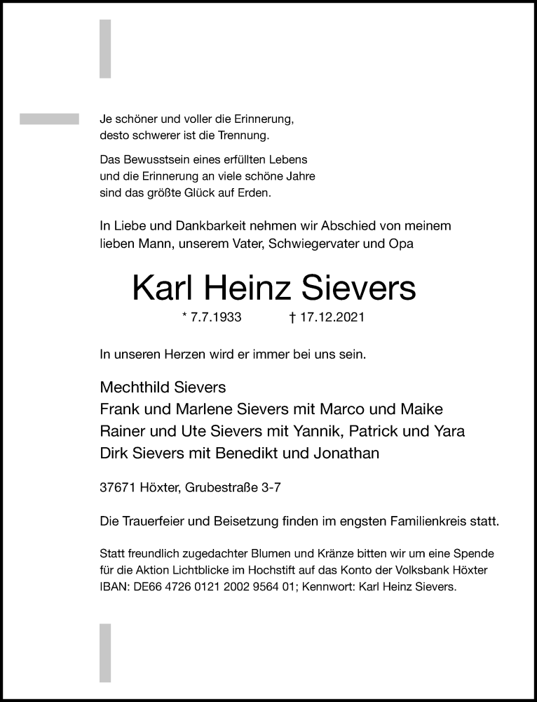  Traueranzeige für Karl Heinz Sievers vom 24.12.2021 aus Neue Westfälische
