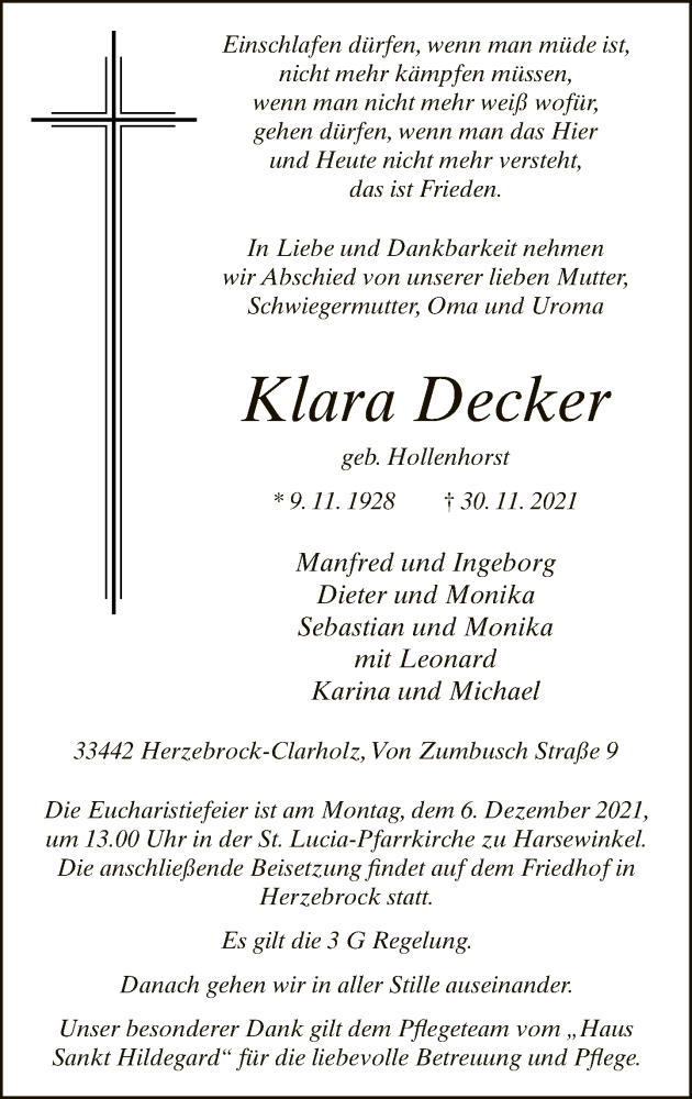  Traueranzeige für Klara Decker vom 04.12.2021 aus Neue Westfälische