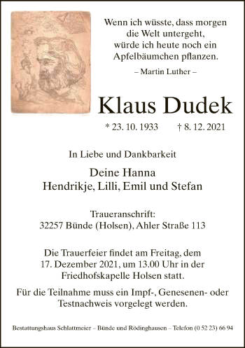 Traueranzeige von Klaus Dudek von Neue Westfälische