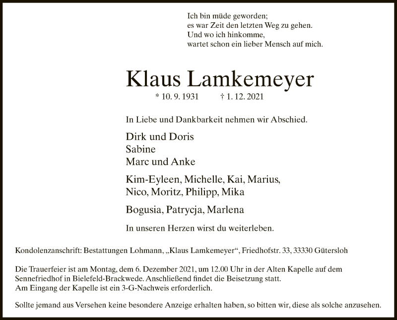  Traueranzeige für Klaus Lamkemeyer vom 04.12.2021 aus Neue Westfälische