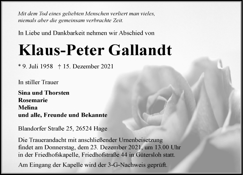  Traueranzeige für Klaus-Peter Gallandt vom 18.12.2021 aus Neue Westfälische