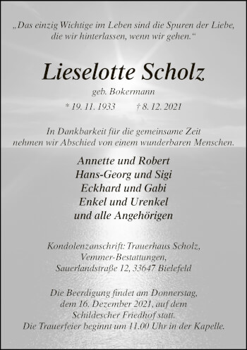 Traueranzeige von Lieselotte Scholz von Neue Westfälische